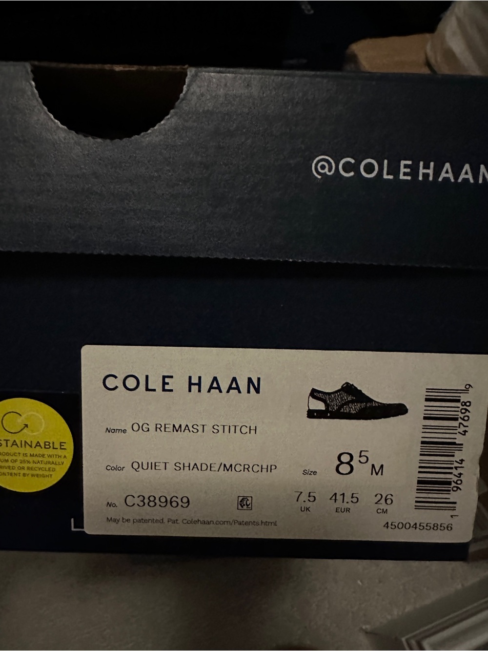 Cole Haan Quiet Shade/Black Men's Oxfords Box Label